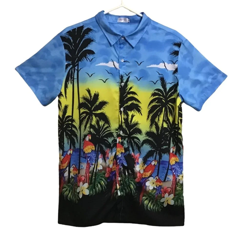 Vtg Hawaiian Shirt Mens Sz M All Over Parrots Floral Birds Tropical Palm Trees
